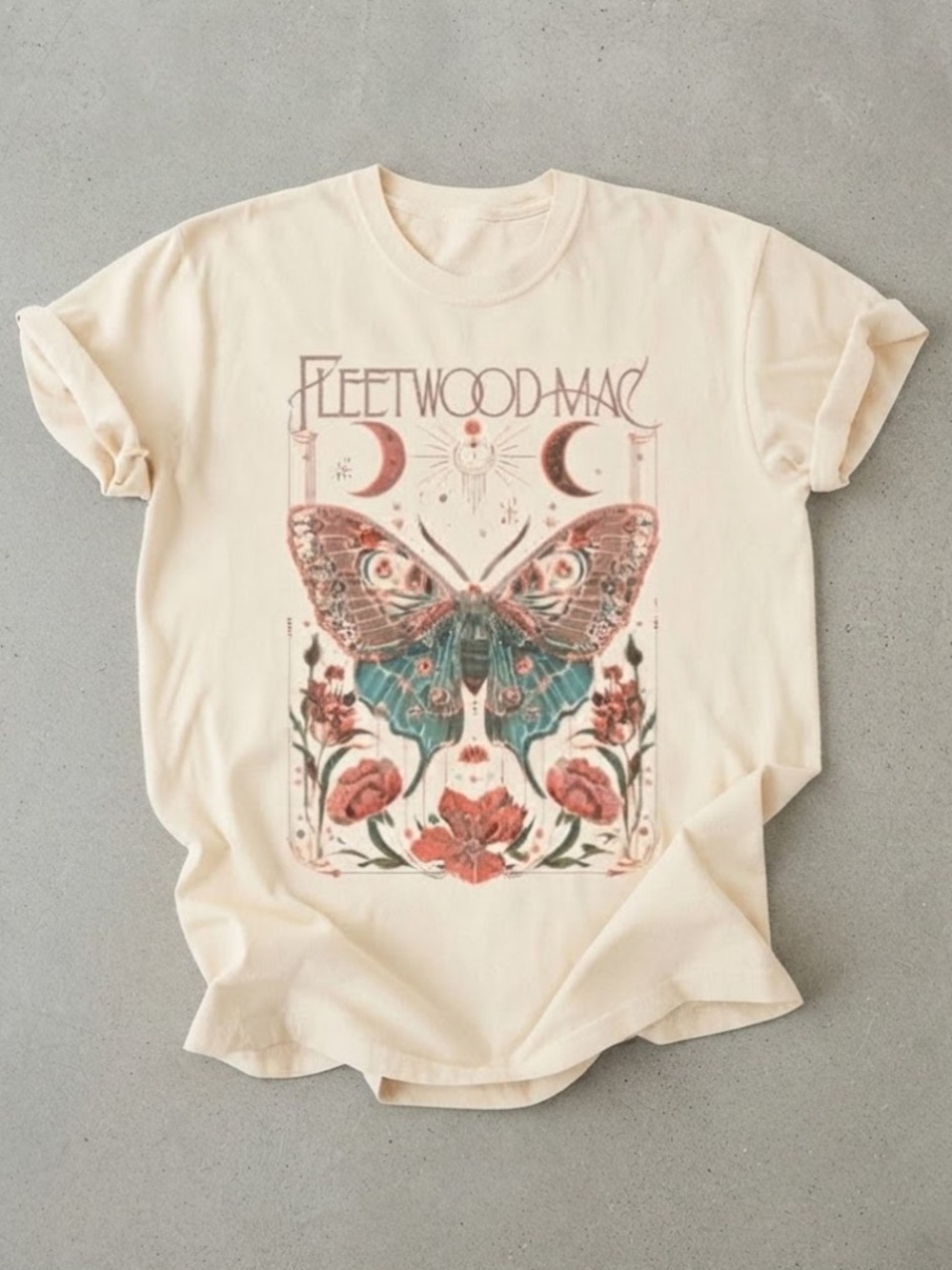 Fleetwood Mac Celestial Moth Floral Cream Color Gildan T-Shirt